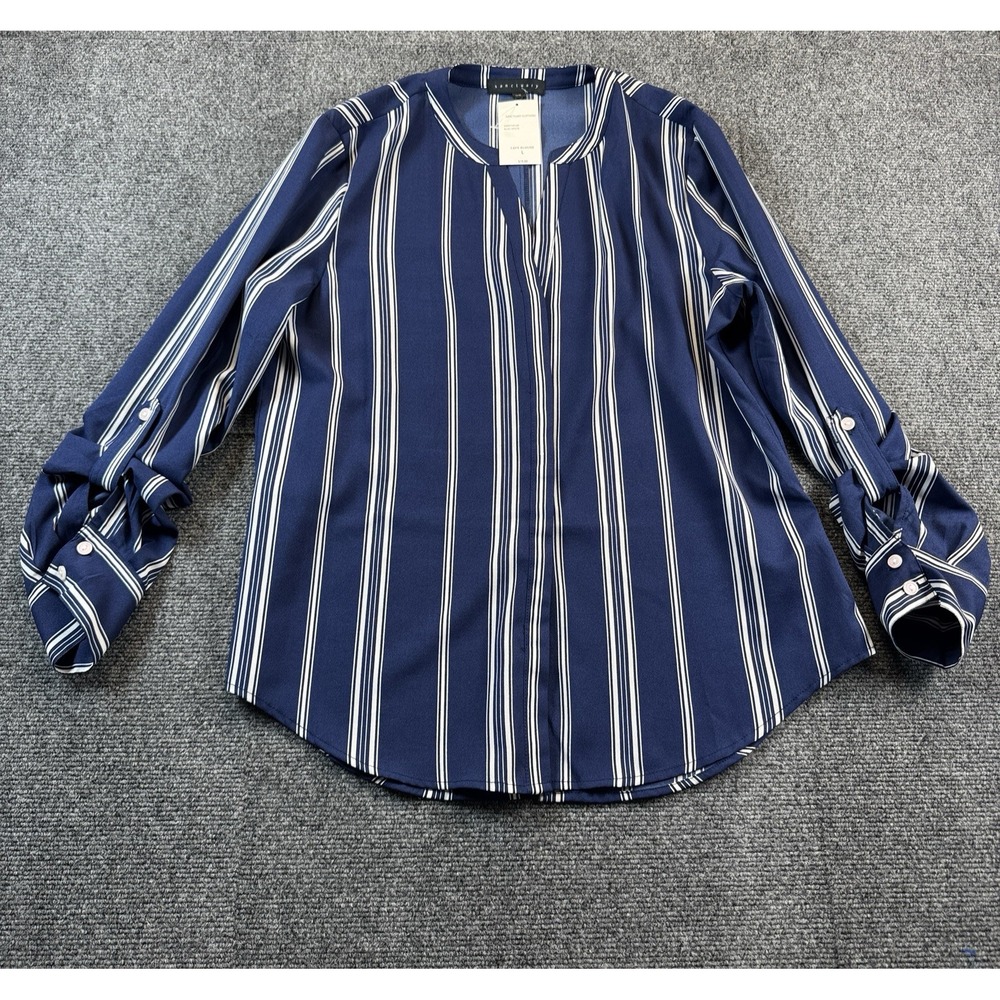 NWT Women's Button Up Roll Tab Sleeves, Blue & White Striped by Sanctuary Size L